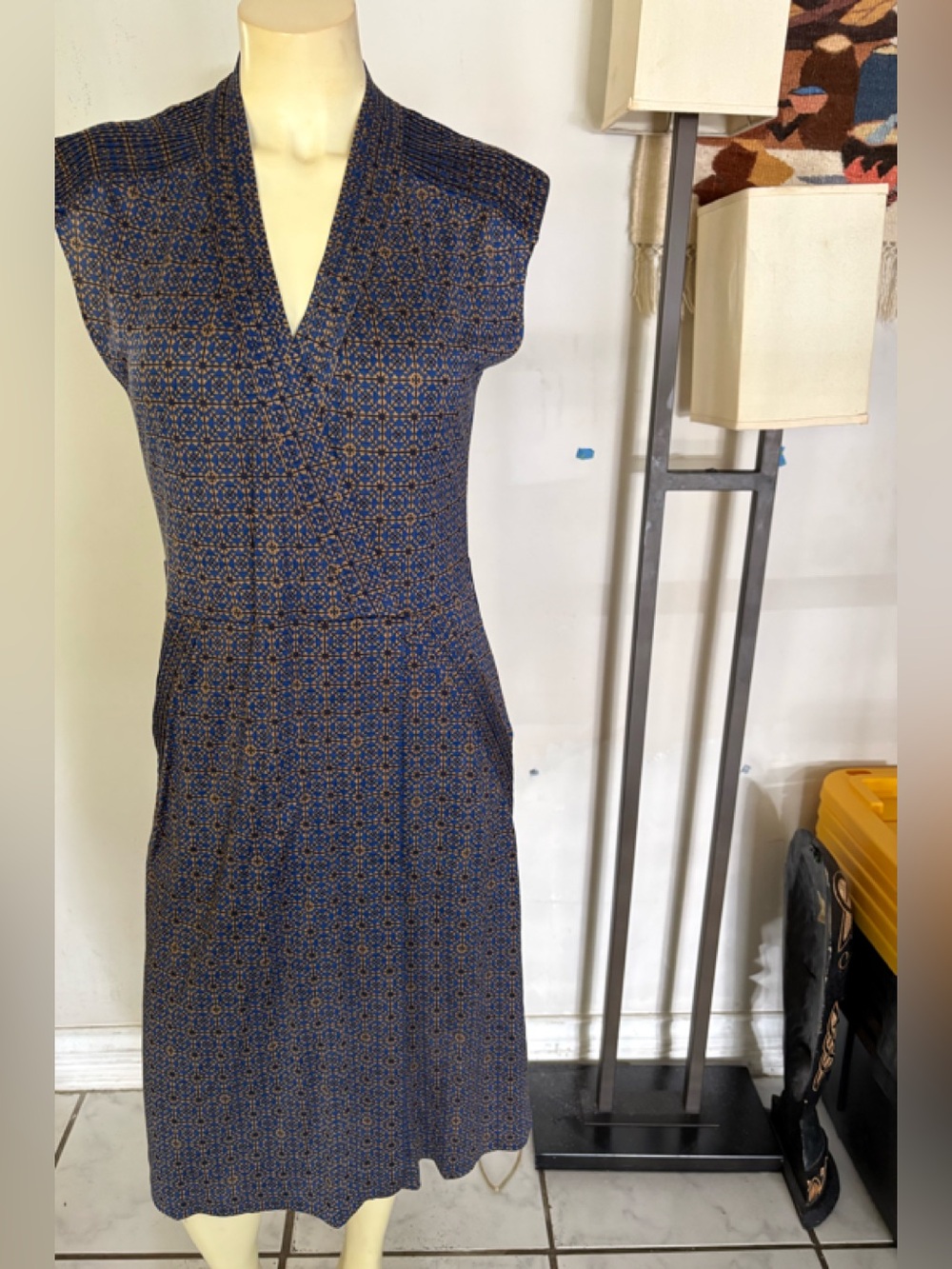 Tory Burch Navy and Gold Sleeveless Midi Dress Size Small